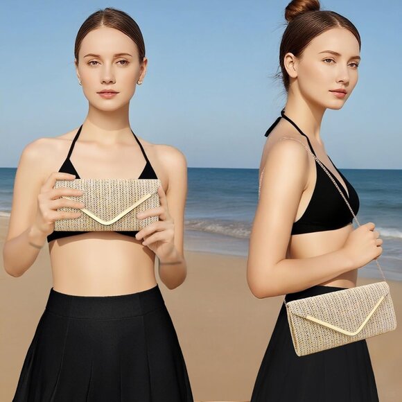 Women's Beige Clutch Purses Sparkling Envelope Evening Bag with Detachable Chain - Picture 4 of 9